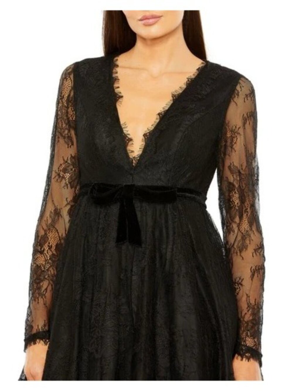 Mac Guggal Women’s Long Sleeve Deep V Black Lace Babydoll Dress Size 8 - Picture 7 of 15